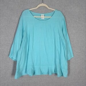 Match Point Linen Tunic Top‎ XL Turquoise Asymmetric Ruffle Hem Lagenlook USA